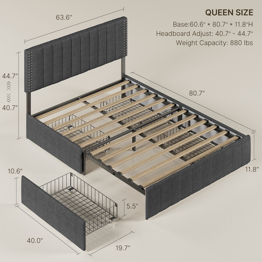 Victure BF03 Bed Frame with 4 Storage Drawers and Adjustable Headboard