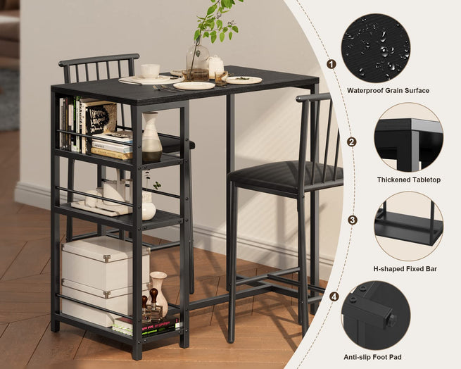 Victure TB51 Bar Table and Chairs Set for 2 with 3 Storage Shelves