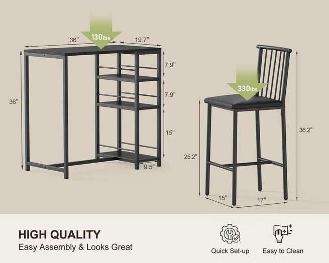 Victure TB51 Bar Table and Chairs Set for 2 with 3 Storage Shelves